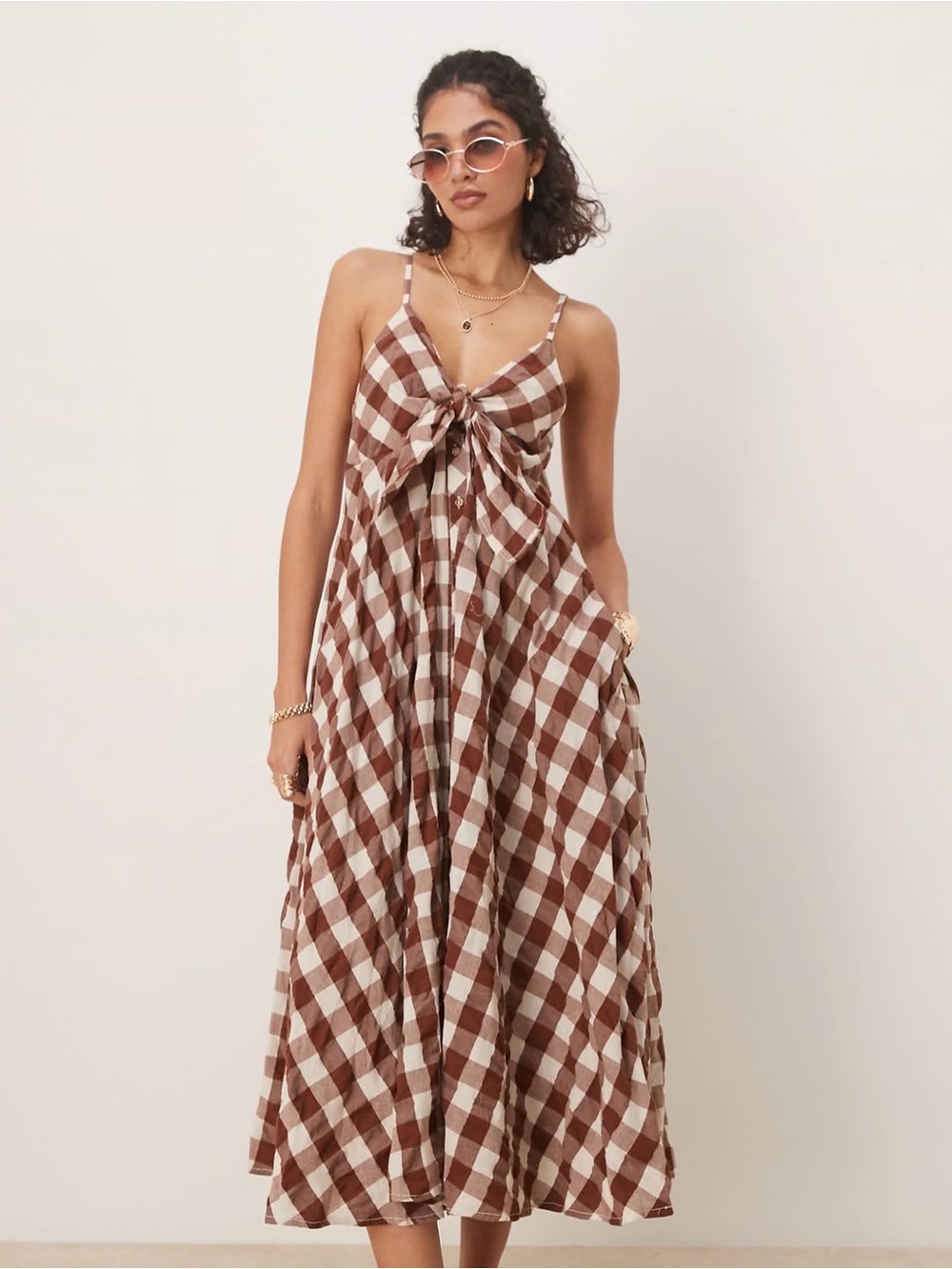 Free People Brown and White Gingham Tie-Front Midi Dress